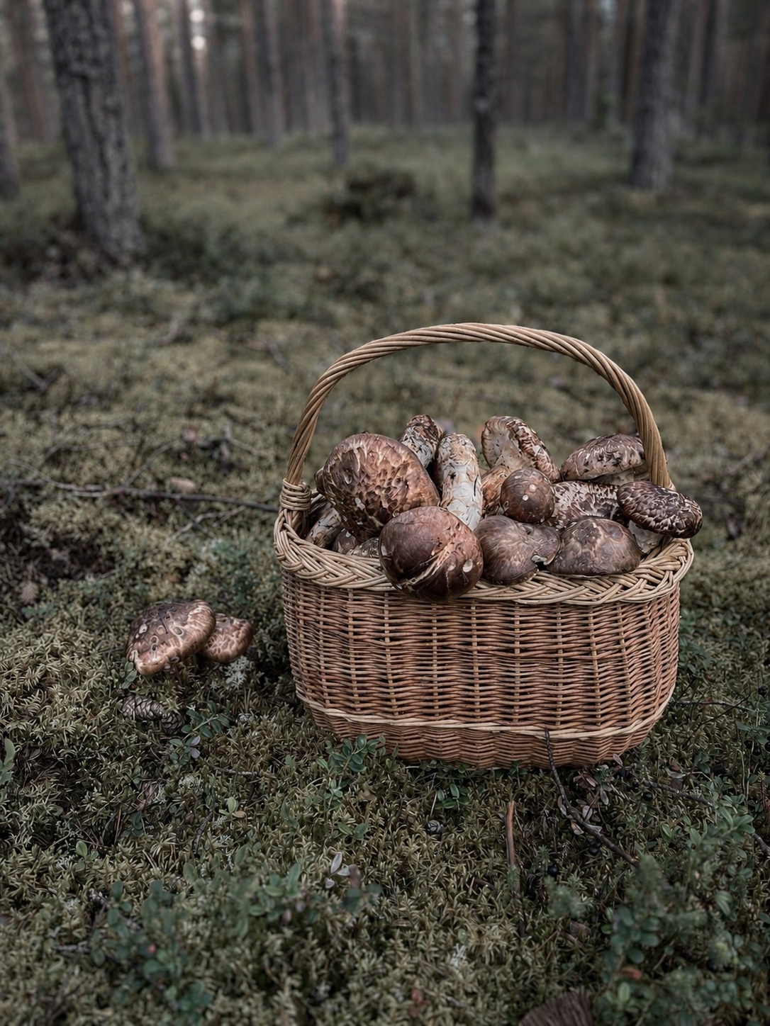 basket-with-Goliath-matsutake A basket placed on moss in the forest filled with matsutake.